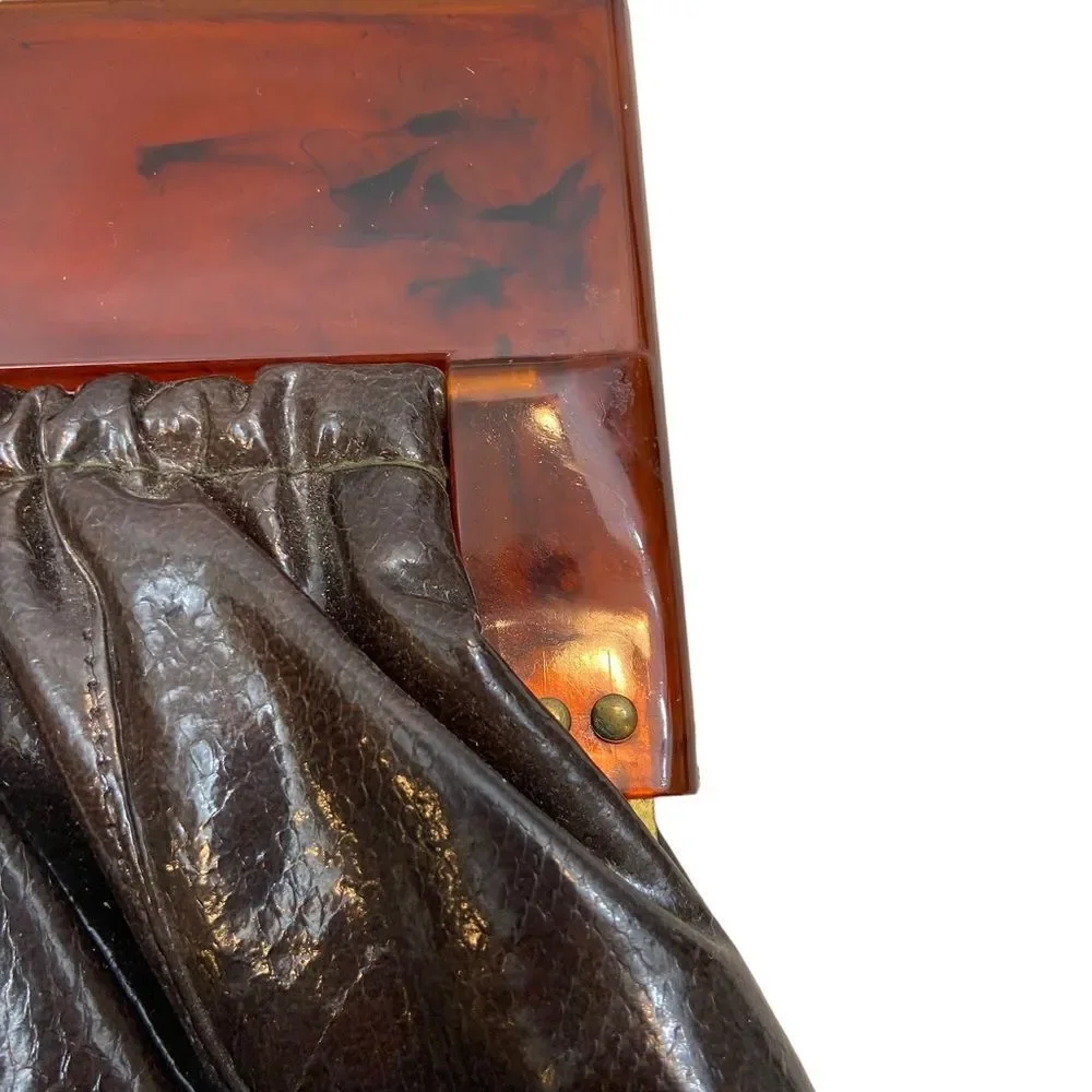 Vintage Brown Vinyl Faux Leather Clutch with Tortoiseshell Plastic‎ Handle 60s